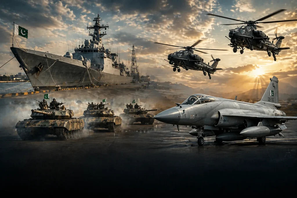 Pakistan military spending surge visual showing naval warship, fighter jet, attack helicopters, and tanks symbolizing defence expansion to $11.9bn after 2025 war