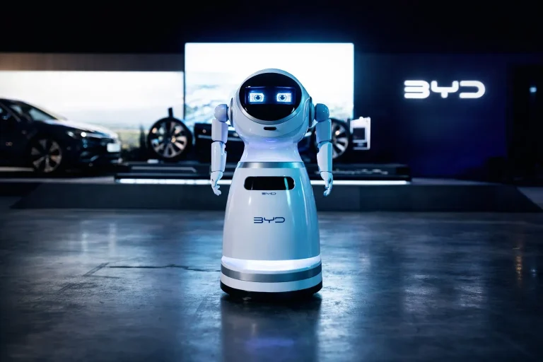 BYD robot EV charging system “A Robot” autonomously charging an electric vehicle and inflating tires in a smart parking area