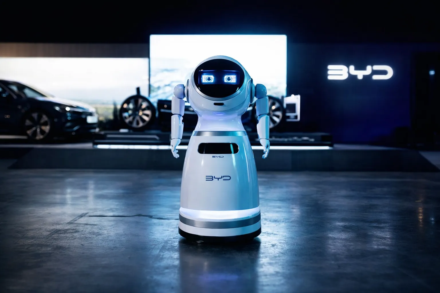 BYD robot EV charging system “A Robot” autonomously charging an electric vehicle and inflating tires in a smart parking area