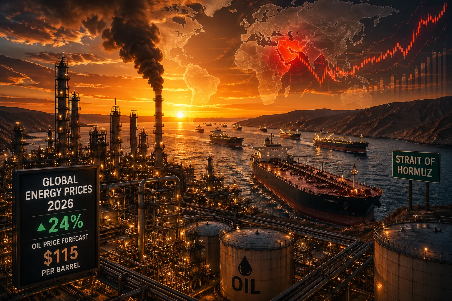 Global energy prices 2026 surge shown by oil refinery and supply shock amid Strait of Hormuz disruption and World Bank energy forecast