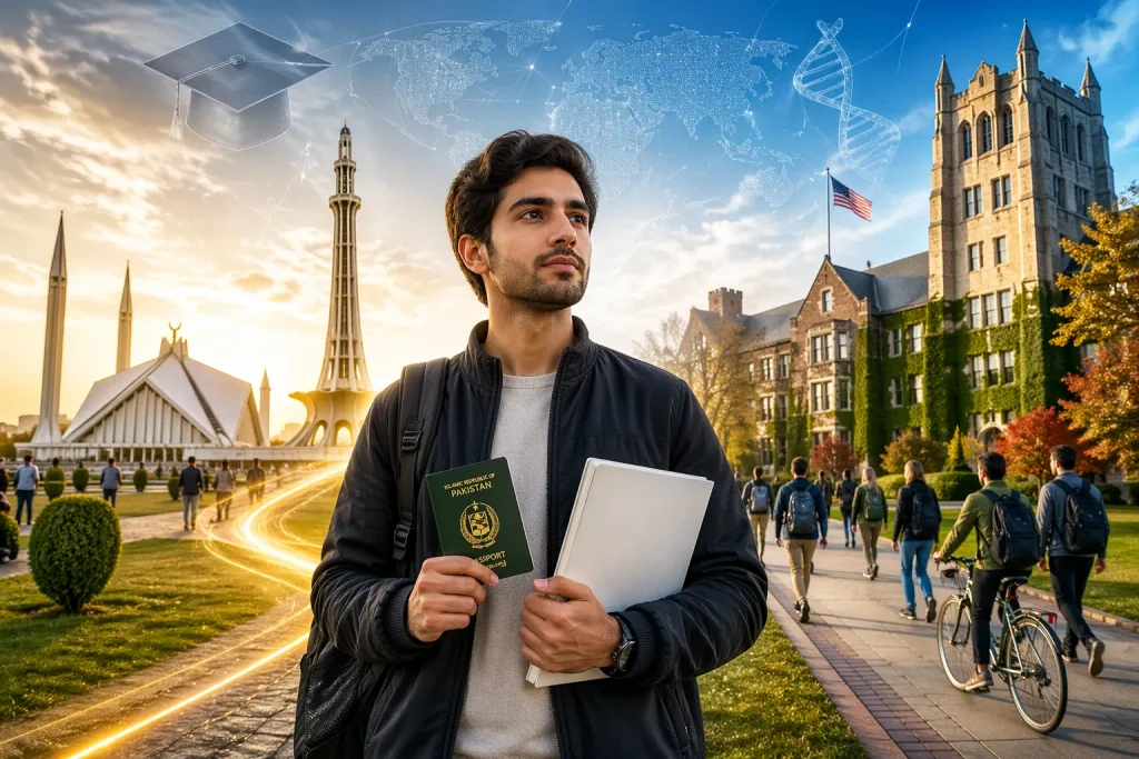 HEC US scholarships 2026 opportunity showing Pakistani student heading to top US university for fully funded PhD
