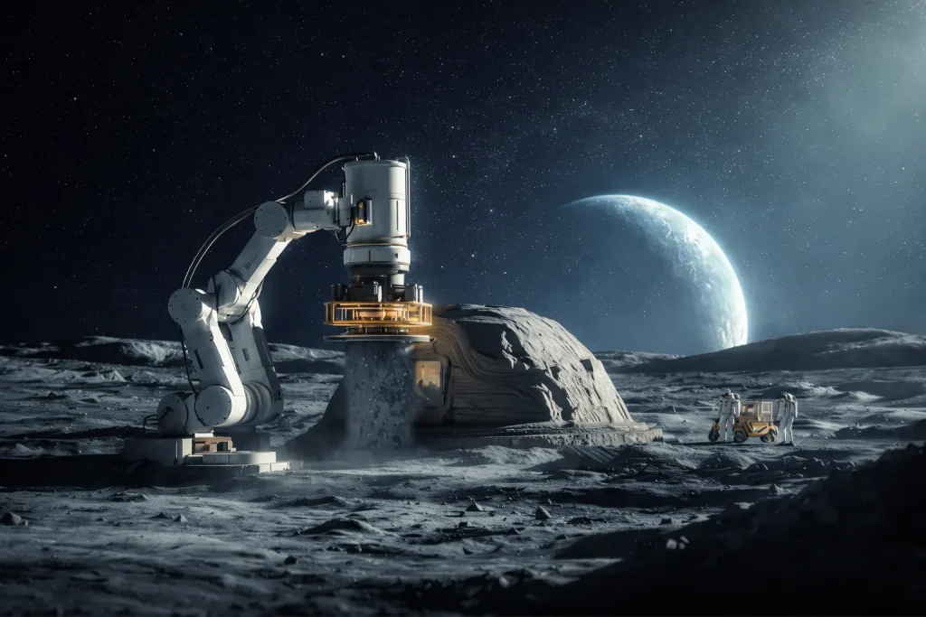 Moon dust oxygen extraction using Blue Origin Moon oxygen reactor with glowing blue oxygen reaction