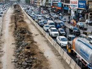 Construction workers and heavy machinery deployed on Karachi's Red Line BRT Project along University Road