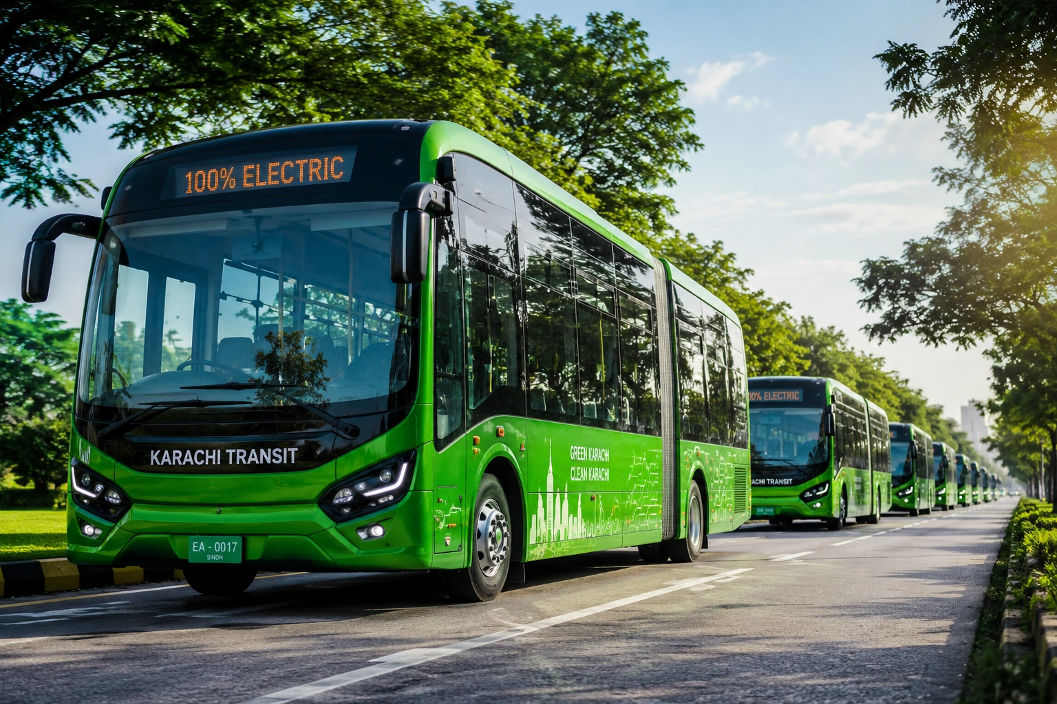 Karachi EV buses convoy driving on modern green transport route under Sindh government EV project