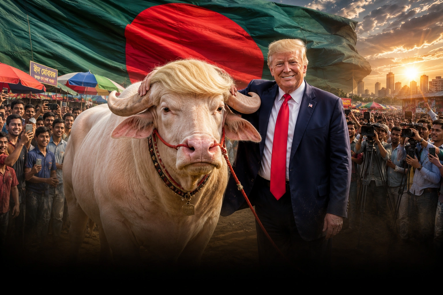 Donald Trump buffalo Bangladesh standing beside former US President Donald Trump at a crowded Eid livestock market under a giant Bangladesh flag