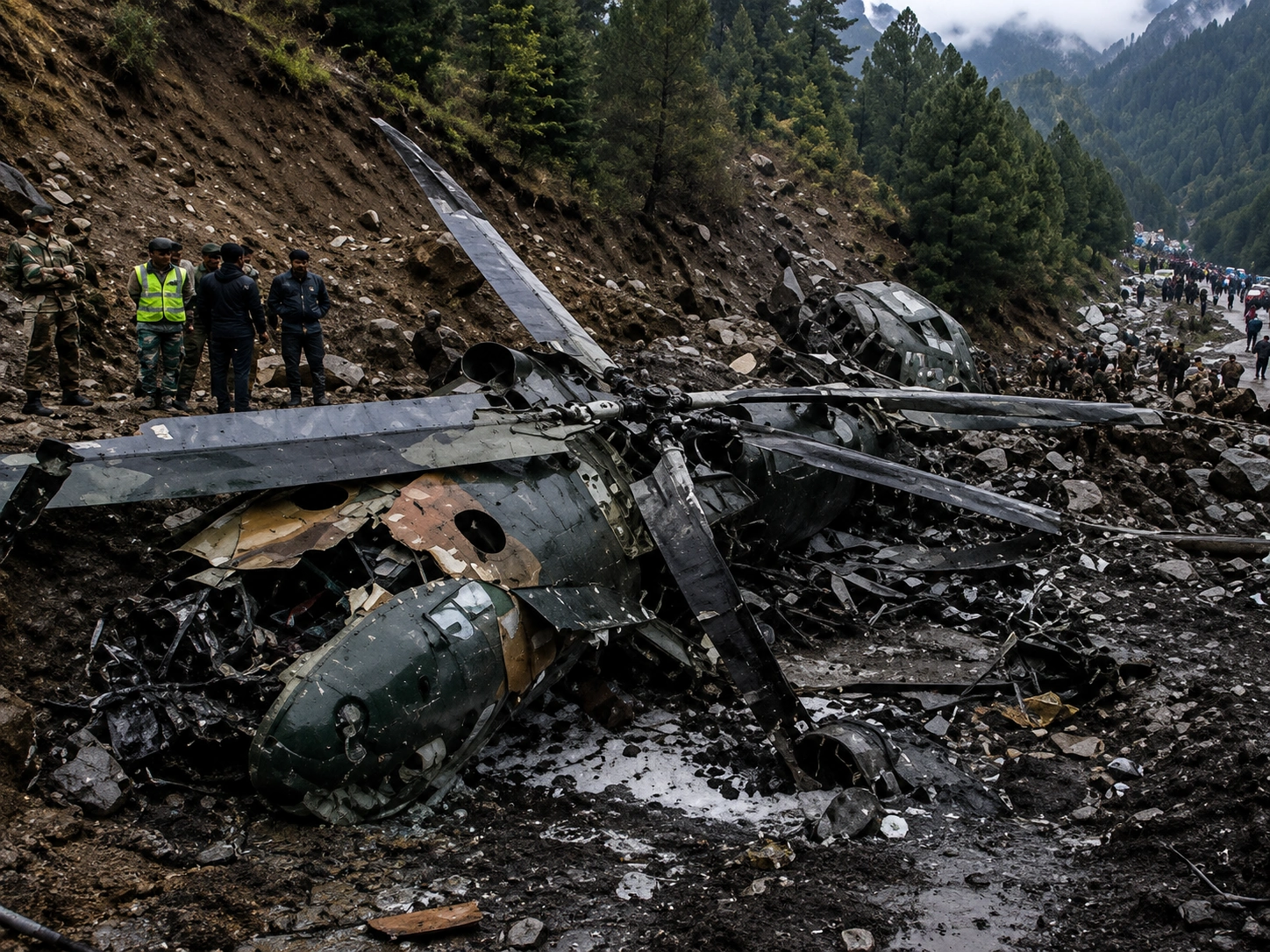 Pakistan Army MI-17 helicopter crash site near Muzaffarabad, rescue teams at work