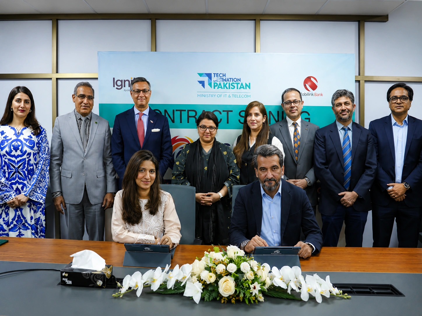 NIC Sialkot startup incubation centre signing ceremony at Ministry of IT and Telecom Islamabad in June 2026 with Ignite CEO Muhammad Bilal Abbasi and Mobilink Bank President Haaris Mahmood Chaudhary