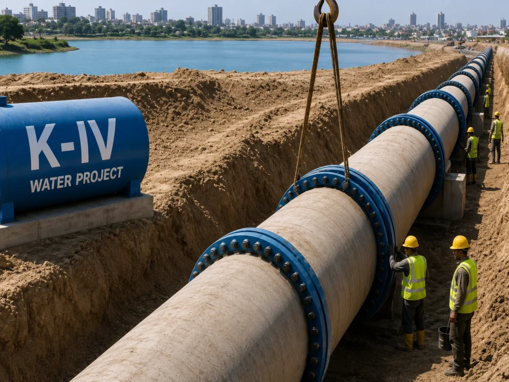 K-IV Karachi water project construction site with Keenjhar Lake canal infrastructure