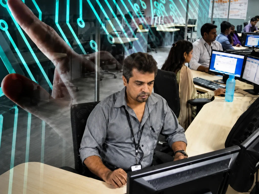 A freelance remote developer working on a laptop, analyzing data charts that represent the export growth of Pakistani gig workers.