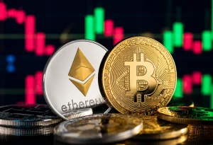 A digital financial display monitor illustrating a sharp Bitcoin price drop on a red candlestick chart.