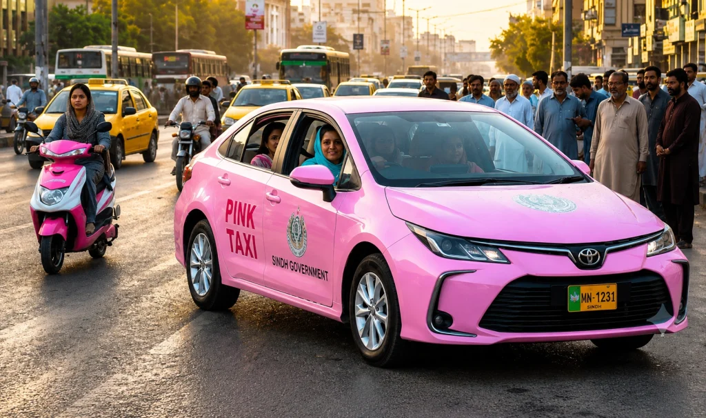 Pink taxis dedicated for women passengers under Sindh Pink Taxi Scheme in Karachi