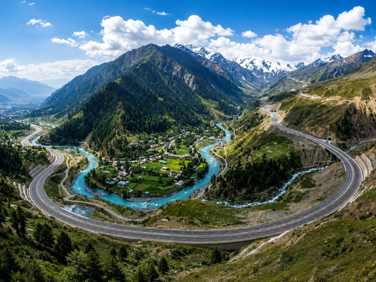 Aerial view of Babusar Top mountain pass in northern Pakistan with construction route overlay for MNJC Motorway project
