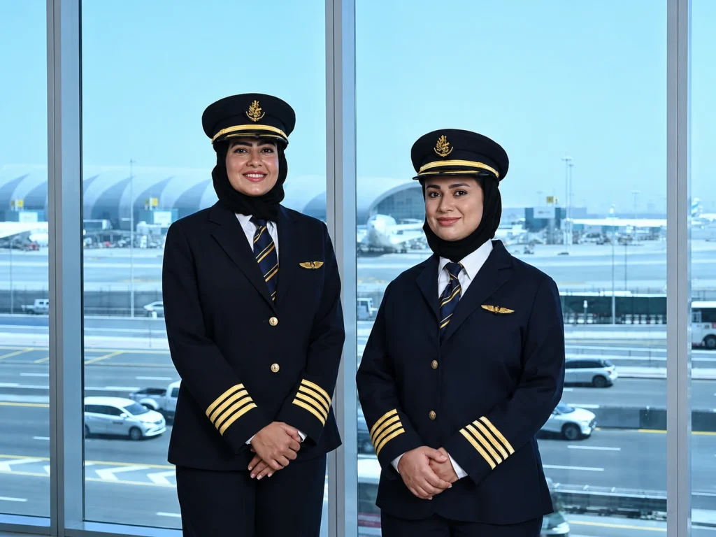 Emirates first Emirati women pilots Boeing 777 — Hanan Mohammed Jawad and Bakhita Al Mheiri in Emirates captain uniform after receiving fourth stripe at Dubai International Airport