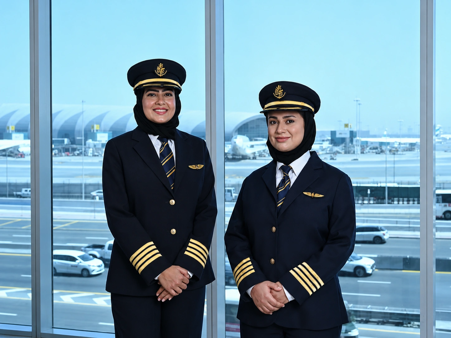 Emirates first Emirati women pilots Boeing 777 — Hanan Mohammed Jawad and Bakhita Al Mheiri in Emirates captain uniform after receiving fourth stripe at Dubai International Airport