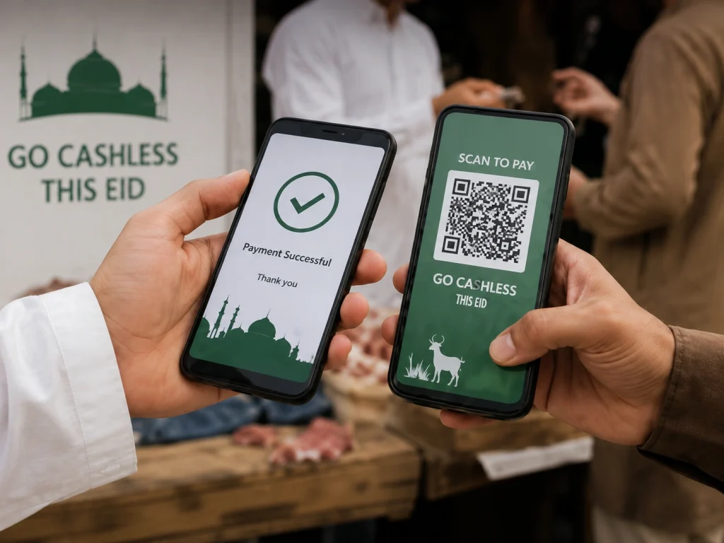SBP Go Cashless campaign 2026 Eid-ul-Azha results showing over 481,000 digital transactions worth Rs34 billion across 123 cattle markets nationwide with 12,500 new bank accounts opened for farmers and traders.