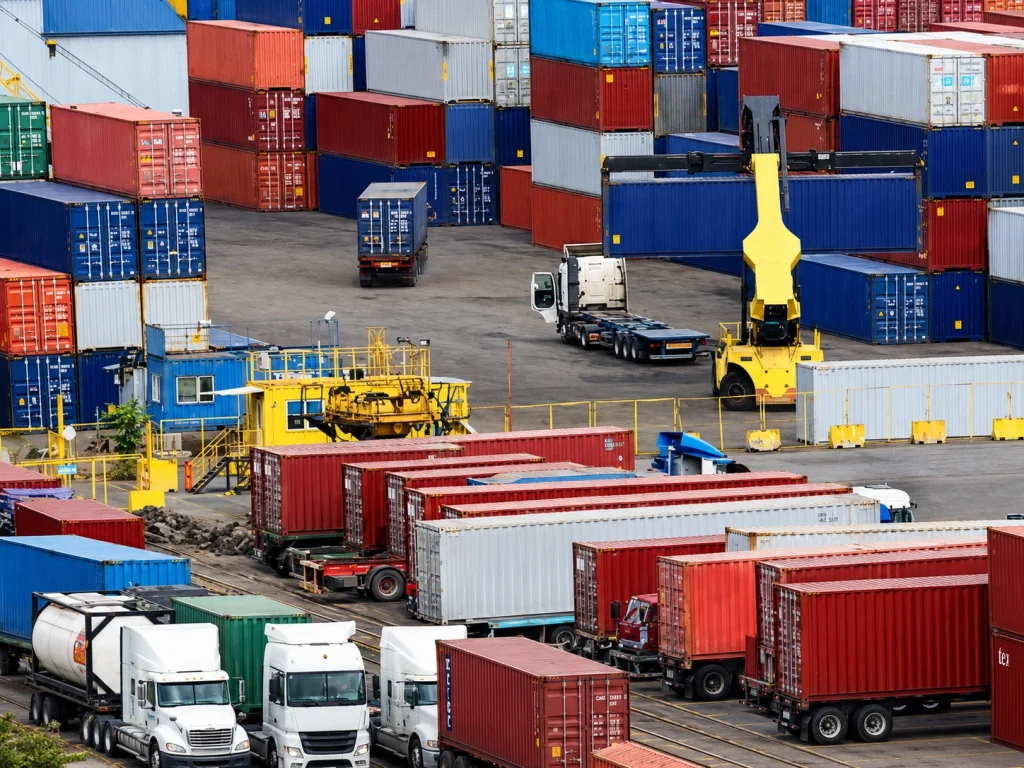Pakistan exports record 2026-27 — shipping containers at Karachi port with IMF forecast overlay showing $35.63 billion projection