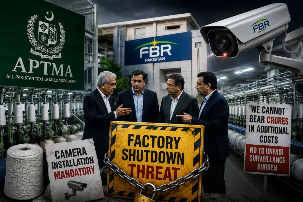 Textile Industry Warns of Factory Shutdowns as FBR Camera Dispute Explodes FBR camera dispute intensifies as textile mill owners threaten factory shutdowns over mandatory surveillance camera costs.