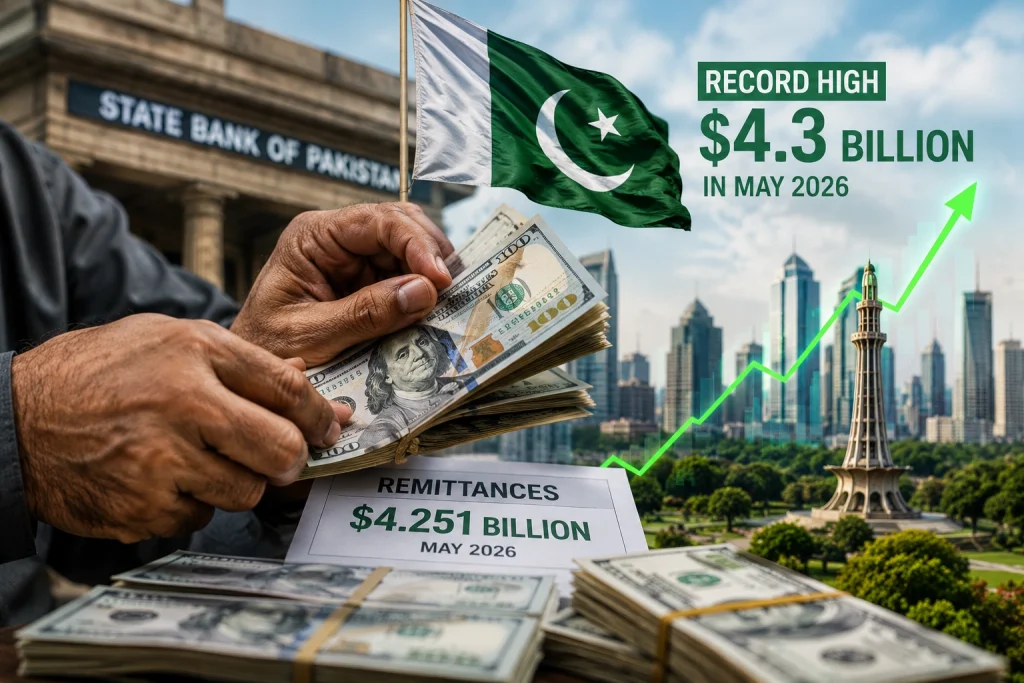 Pakistan Remittances Hit Record $4.3 Billion in May, Set to Cross $41 Billion for First Time Pakistan Remittances May 2026 hit a record $4.3 billion as overseas Pakistanis increased remittance inflows through formal channels.